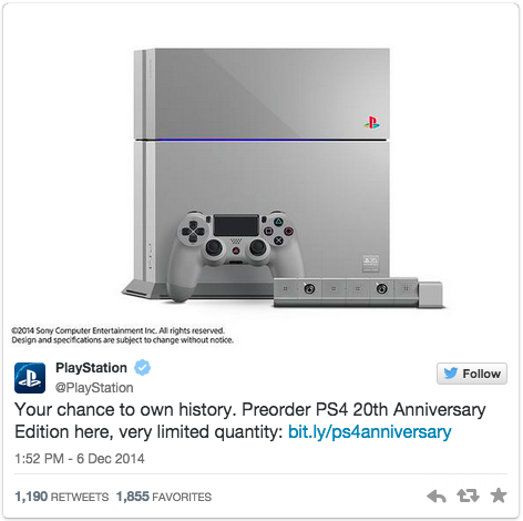 20th Anniversary PlayStation 4 tweet